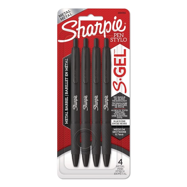Sharpie S-Gel Premium Metal Barrel Gel Pen, Retractable, Medium 0.7 mm, Black Ink, Black Barrel, 4PK 2194703 - main