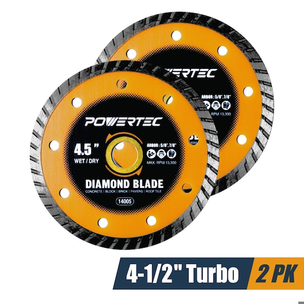 Powertec 4-1/2in Turbo Diamond Saw Blade for Angle Grinder, for Cutting Concrete, Granite - 2PK 14005-P2 - main