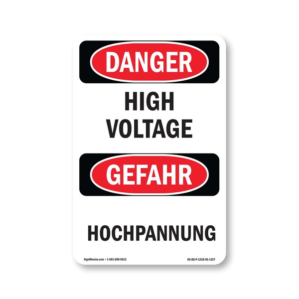 Signmission OSHA Danger Sign, 18" Height, Rigid Plastic, High Voltage Bilingual, 1218-VG-1327 OS-DS-P-1218-VG-1327 - main