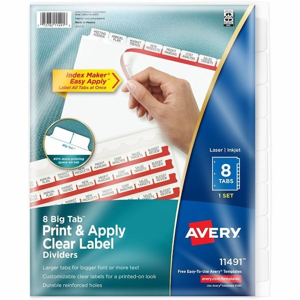 Avery Dennison Avery, PRINT AND APPLY INDEX MAKER CLEAR LABEL DIVIDERS, 8 WHITE TABS, LETTER 11491 - main