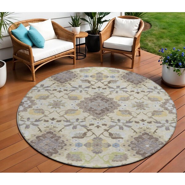 Homeroots 8' Ivory Brown And Green Round Oriental Washable Indoor Outdoor Area Rug 597694 - main
