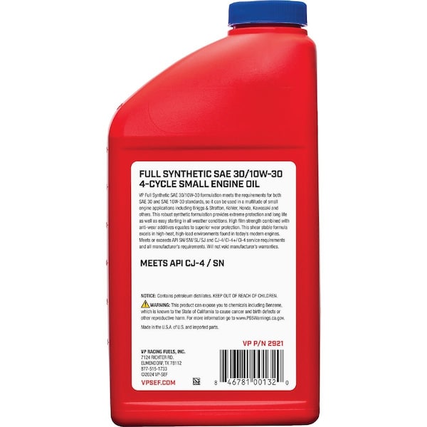 Vp Racing Fuels 32 Oz. SAE30/10W30 Full Synthetic 4-Cycle Small Engine Oil 2921 - main
