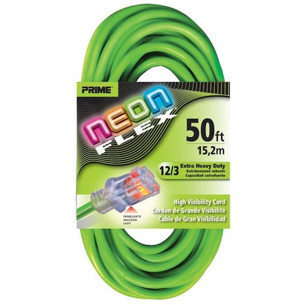 Prime SJTW Extension Cord, 12 AWG, Outdoor, 12/3, 1 Outlets, High Visibility Green, 50 ft PR311510 - main