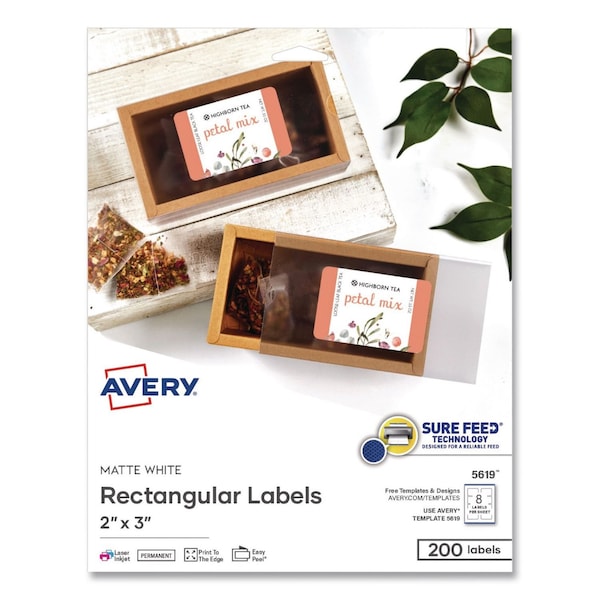 Avery Rectangular Labels with Sure Feed Technology, Inkjet/Laser, 2 x 3, Matte White, 200PK 05619 - main