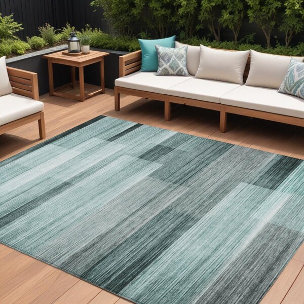 Homeroots 8' X 10' Teal Blue And Ivory Striped Washable Indoor Outdoor Area Rug 631002 - main