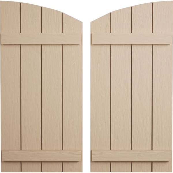 Ekena Millwork Rough Sawn 4 Board Joined Board-n-Batten w/Elliptical Top Faux Wood Shutters, 22W x 44H, PR SHUBJL22X44RSPR - main