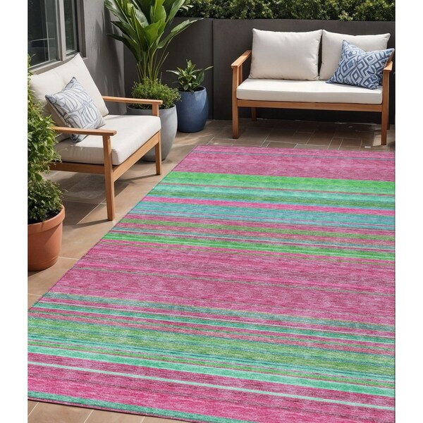 Homeroots 5' X 8' Blush Lime Green And Teal Blue Striped Washable Indoor Outdoor Area Rug 614798 - main