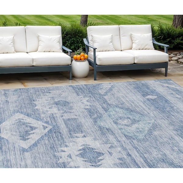 Homeroots 9' X 12' Denim Blue And Sky Blue Southwestern Washable Indoor Outdoor Area Rug 588700 - main