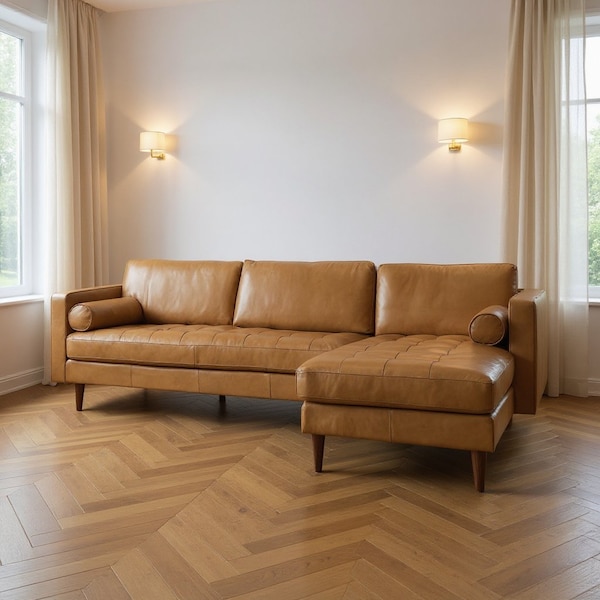 Homeroots Tan Genuine Leather L Shaped Sofa and Chaise Sectional With Toss Pillows 607315 - main