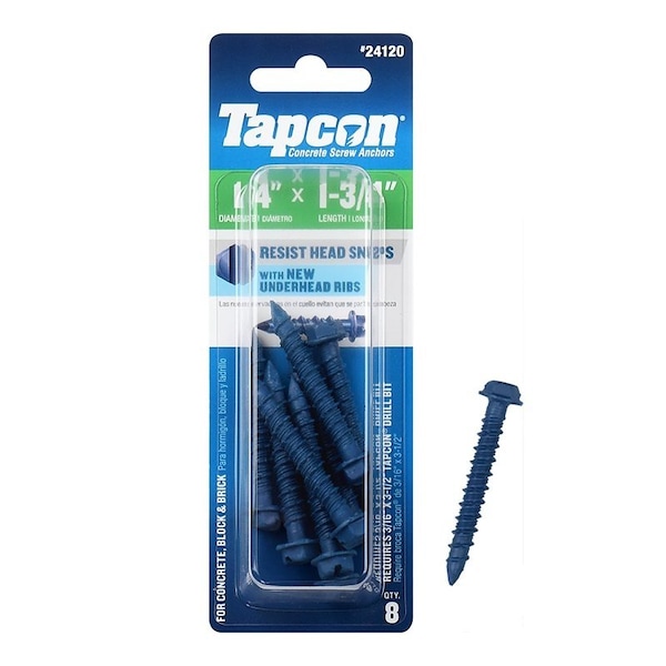 Tapcon Concrete Screw Anchor, 1/4 in Dia, 1-3/4 in L, Steel, Climaseal, 8/PK, 8PK 24120 - main