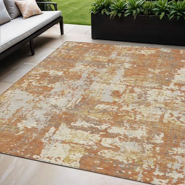 Homeroots 5' X 8' Copper Gold And Ivory Abstract Washable Indoor Outdoor Area Rug 597951 - main
