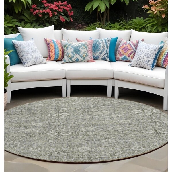 Homeroots 8' Round Cream and Tan Round Floral Washable Non Skid Indoor Outdoor Area Rug 564325 - main