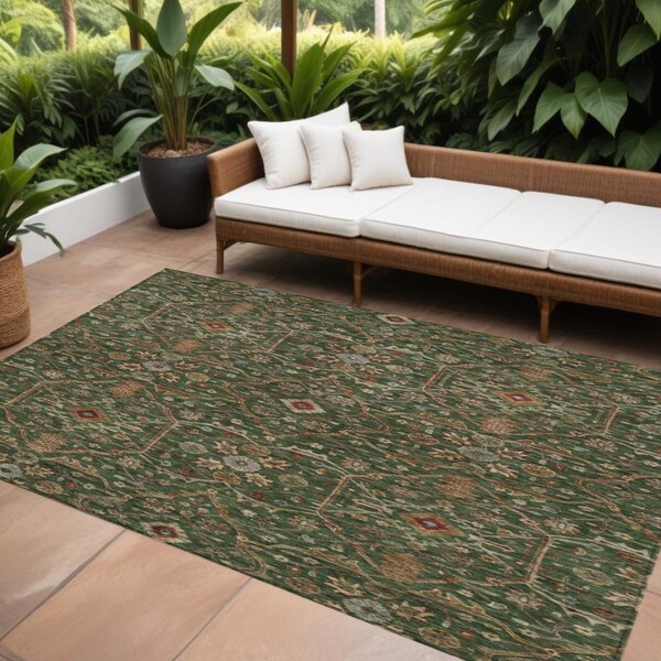 Homeroots 8' X 10' Emerald Brown And Red Floral Washable Indoor Outdoor Area Rug 604592 - main