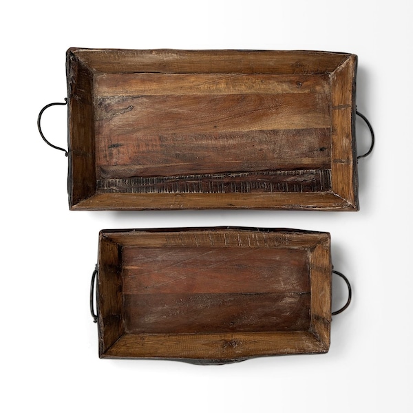 Homeroots Set of Two Brown Rectangular Wood Indoor Outdoor Serving Tray With Handles 376040 - main