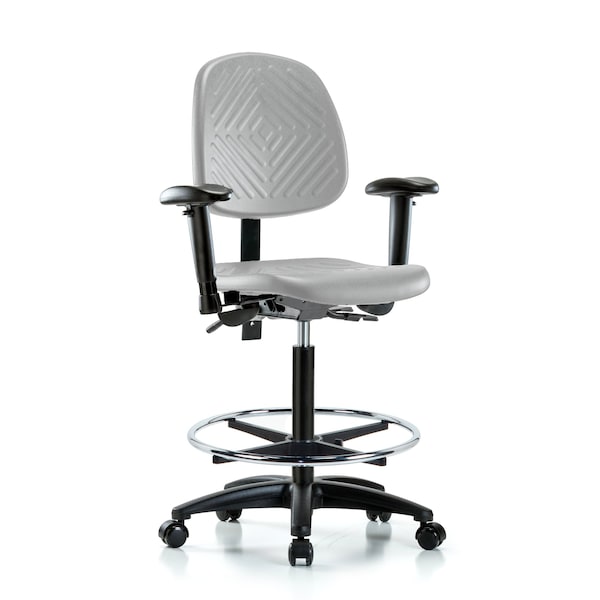 Blue Ridge Ergonomics Poly Chair-High Bench Height with Med Back, Seat Tilt, Adj Arms, Chrome Foot Ring, &Casters in Gray Poly PHBCH-MB-RG-T1-A1-CF-RC-GRY - main