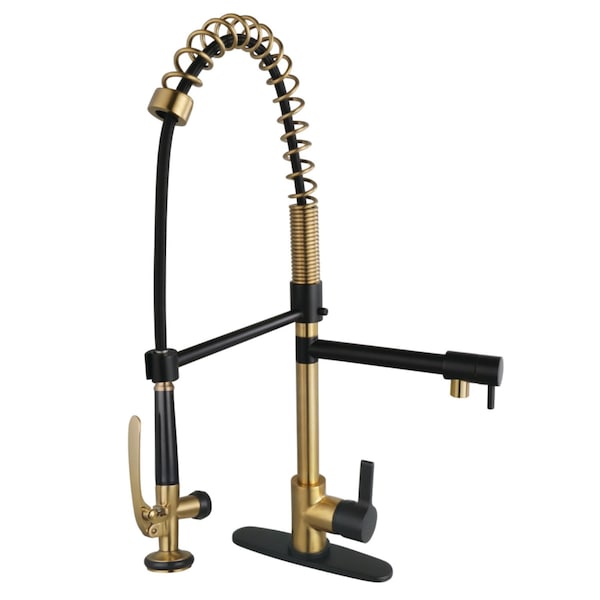 Kingston Brass Single-Handle Deck-Mount Pre-Rinse Kitchen Faucet with Pot Filler, Brushed Brass/Matte Black LS850CTLBBMB - main
