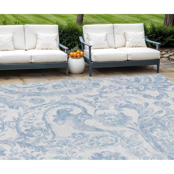 Homeroots 10' X 14' Sky Blue Denim Blue And Ivory Paisley Washable Indoor Outdoor Area Rug 588665 - main