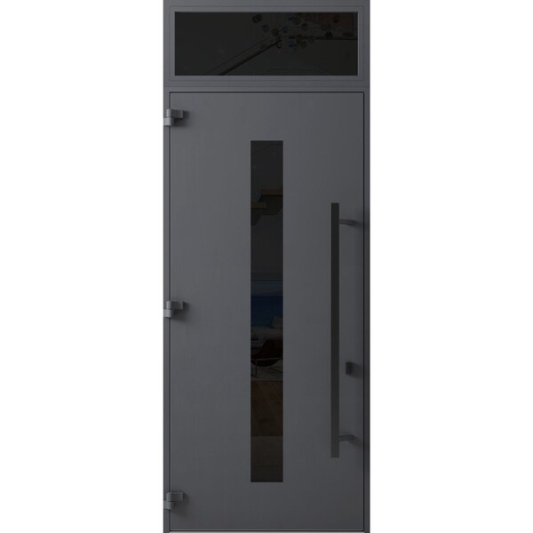 Vdomdoors Front Exterior Prehung Steel Door Ronex0130 Grey 96 Transom Window Sidelite Entry Metal Modern RONEX0130EXD-GRE-W36xH96+16-RH-I - main