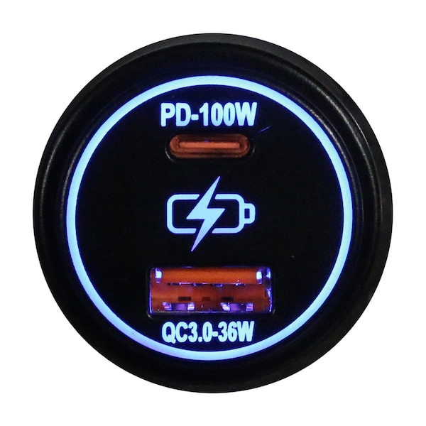 Race Sport Lighting Round Socket Auxiliary Charging Port with C-Type PD 100W + A-Type USB3.0 36W Blue Indigo LED RS51927B - main