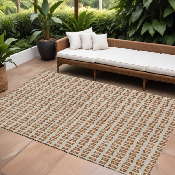 Homeroots 9' X 12' Orange Beige And Copper Geometric Washable Indoor Outdoor Area Rug 583316 - main