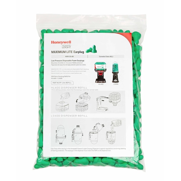 Honeywell Howard Leight MAXIMUM LITE Disposable Foam, Ear Plug Dispenser Refill, Uncorded, 30 dB, Green LPF-LS4-REFILL - main