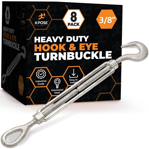 Xpose Safety 3/8in Hook and Eye Turnbuckle, Heavy Duty Galvanized Steel Turn Buckles, 8PK GTB38-HE-8-X-S - main