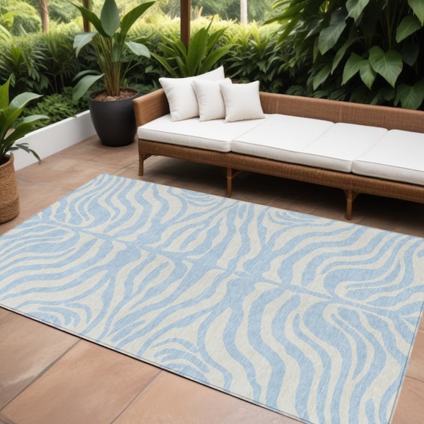 Homeroots 9' X 12' Sky Blue And Ivory Animal Print Washable Indoor Outdoor Area Rug 600658 - main