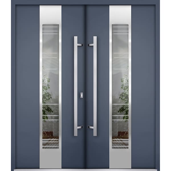 Vdomdoors Steel Double Doors Deux 5755 Gray Graphite Stainless Inserts Single Modern Painted DEUX5755DEXD-GRE-RH-W72 x H80 - main