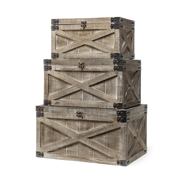 Homeroots Set Of Three Brown Wooden Storage Boxes, 3PK 392583 - main