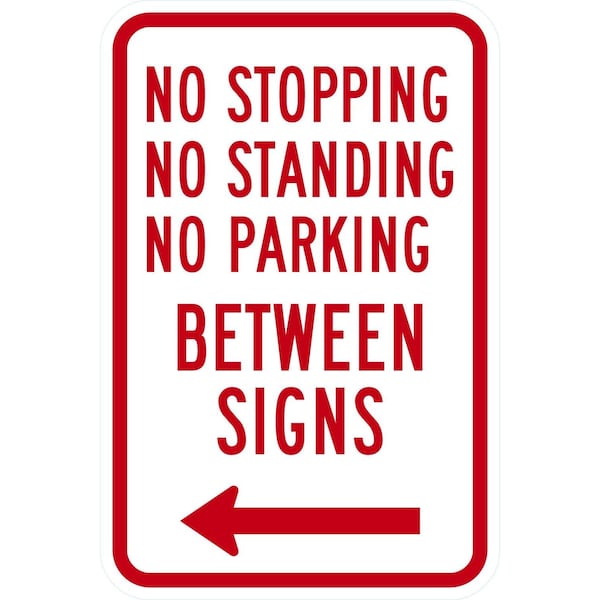 Lyle No Stopping, Standing or Parking Between Signs with Left, 12x18, High Intensity Prismatic, White G-4086-HI_12x18 - main