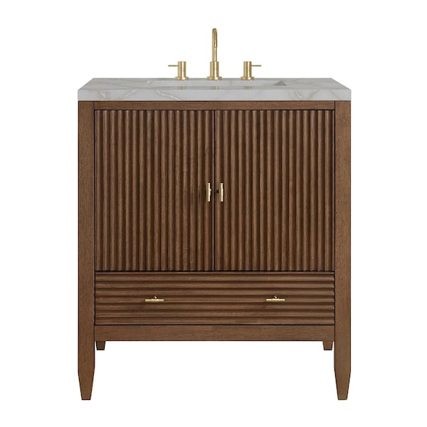 James Martin Vanities Myrrin 30" Single Vanity, Mid-Century Walnut w/ 3 CM Victorian Silver Silestone Top 485-V30-WLT-3VSL - main