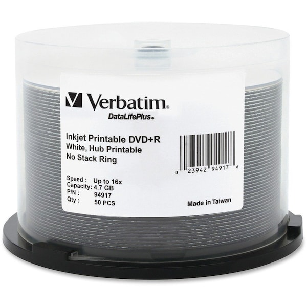 Verbatim DataLifePlus 94917 DVD Recordable Media - DVD+R - 16x - 4.70 GB - 50 / Pack - White 94917 - main