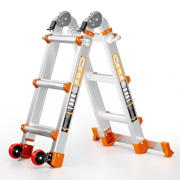 Wrightmaster 11 ft. Aluminum Multi-Position Ladder w/ Wheels and Stabilizer Bar, 330 lbs. Load Capacity, Orange ZOR-11FT-OR - main