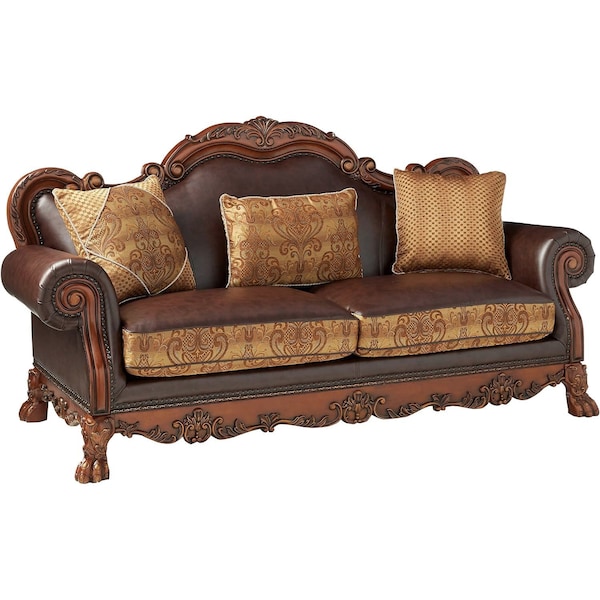 Homeroots 89" Brown Faux Leather Damask Sofa And Toss Pillows With Cherry Blossom Pink Legs 491299 - main