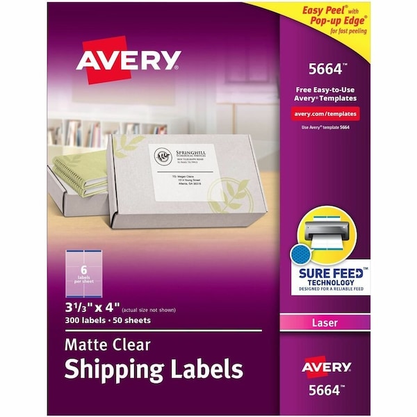 Avery Easy Peel Laser Mailing Labels, 3-1/3 x 4, Clear, 300/Box 5664 - main