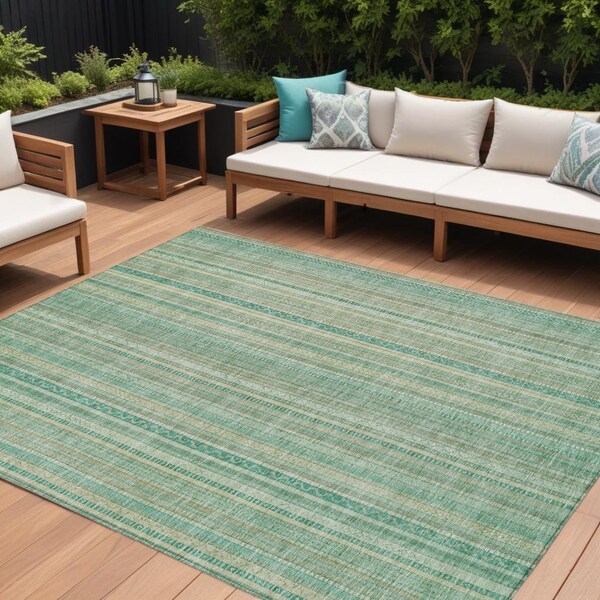 Homeroots 10' X 14' Aqua Beige And Teal Blue Striped Washable Indoor Outdoor Area Rug 616405 - main