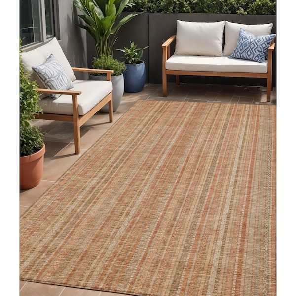 Homeroots 5' X 8' Rust Beige And Linen Striped Washable Indoor Outdoor Area Rug 616407 - main