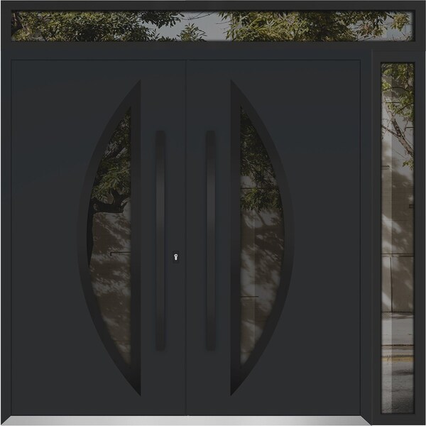 Vdomdoors Metal Double Doors Deux 6501 Black Enamel Opaque Black Glass 1 Sidelight and Top Transom Entry Mode DEUX6501DEXD-BLK-W72+12xH80+14-LH-O - main
