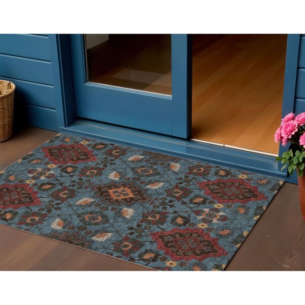 Homeroots 3' X 5' Denim Blue Brick Red And Brown Oriental Washable Indoor Outdoor Area Rug 597680 - main