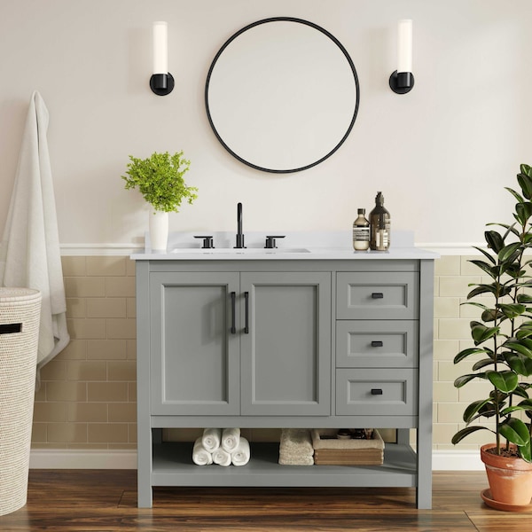 Flash Furniture Vega 42in. Vanity w/Sink, Cabinet w/Blk Hardware, Open Shelf & 3 Drawers, Marble Counter, Gry/Wht FS-VEGA42-GY-HDBLK-GG - main
