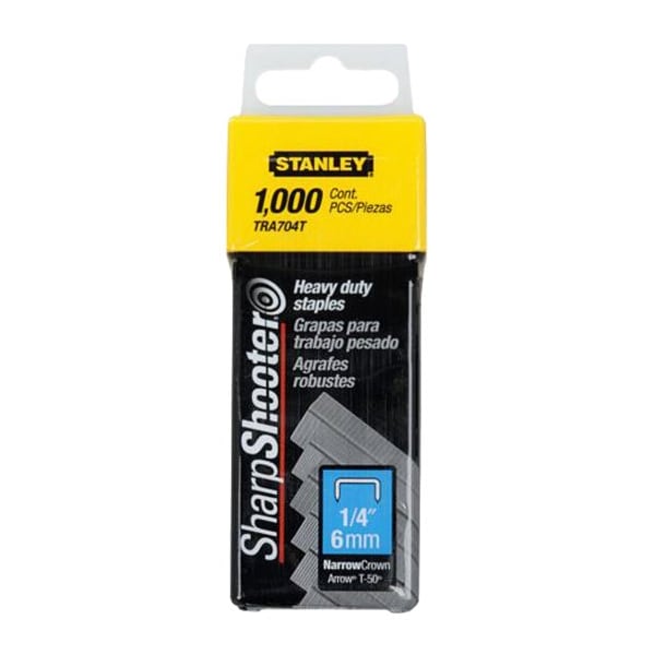 Stanley Heavy Duty Staples, T50, 24 ga, Narrow Crown, 1/4 in Leg L, Steel, 1000 PK TRA704T - main