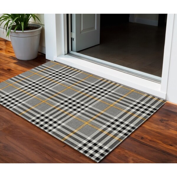Homeroots 3' X 5' Black Gold And Ivory Plaid Washable Indoor Outdoor Area Rug 601452 - main