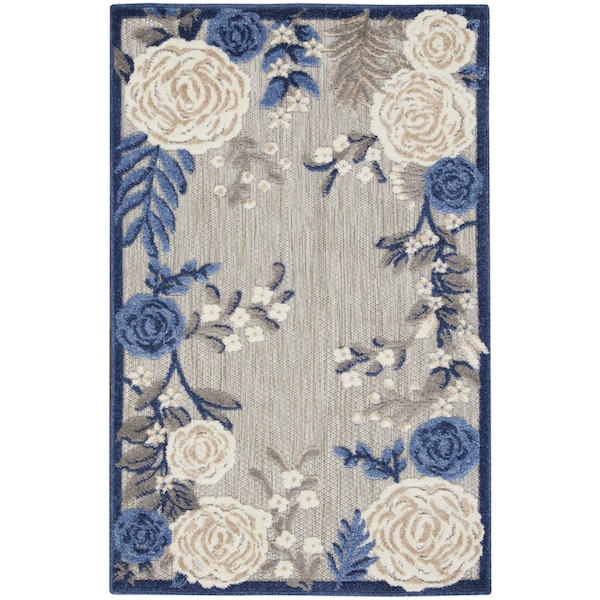 Homeroots 3' X 4' Blue and Gray Floral Indoor Outdoor Area Rug 527634 - main