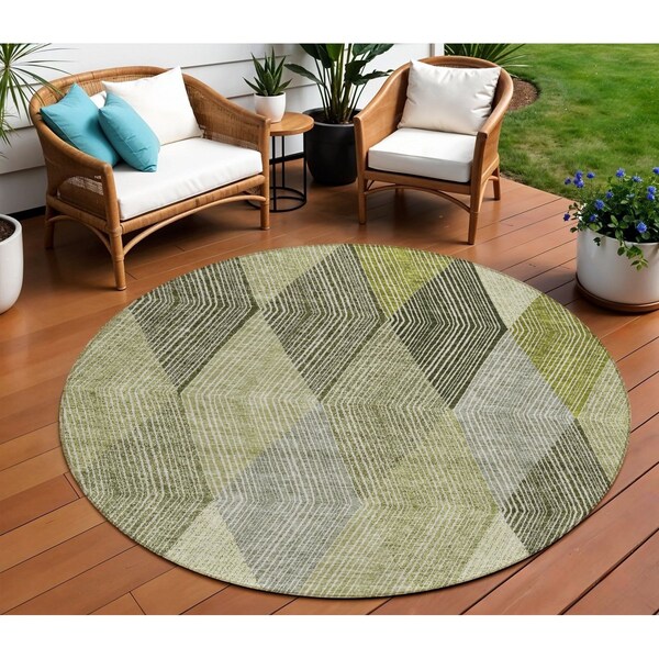 Homeroots 8' Olive Green Gray And Ivory Round Argyle Washable Indoor Outdoor Area Rug 613713 - main