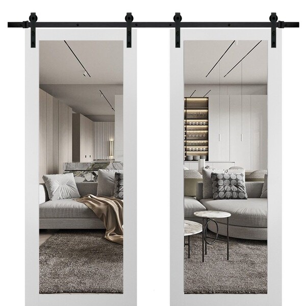 Sartodoors Sturdy Double Barn Door with Clear Glass, Lucia 2166 White Silk, 13FT Rail Hangers Heavy Set, Sol LUCIA2166DB-WS-60 - main