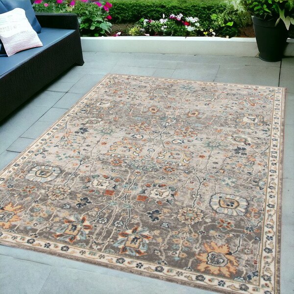 Homeroots 5' X 7' Blue and Orange Floral Stain Resistant Indoor Outdoor Area Rug 531509 - main