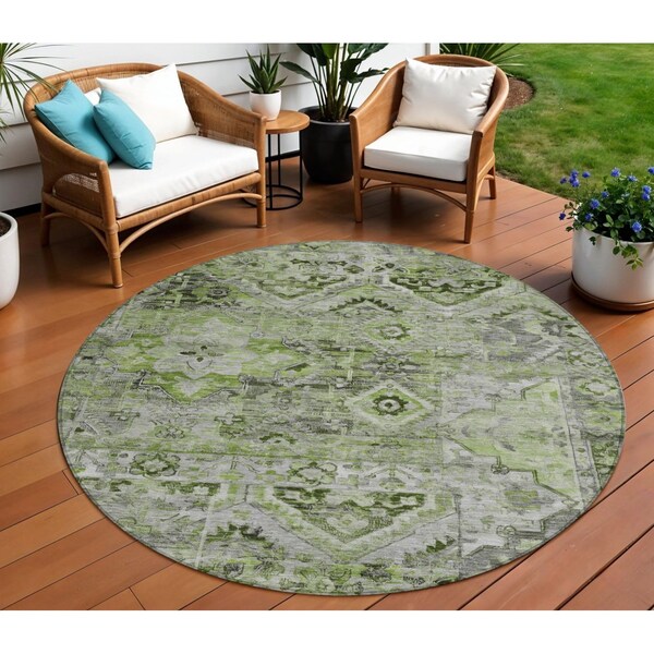 Homeroots 8' Artichoke Green And Gray Round Floral Medallion Washable Indoor Outdoor Area Rug 616612 - main