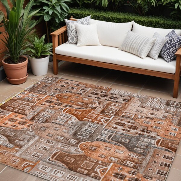 Homeroots 8' X 10' Orange Copper And Salmon Village Houses Washable Indoor Outdoor Area Rug 577868 - main