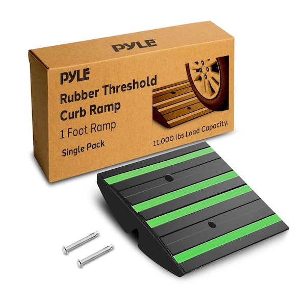 Pyle 1 Ft. Rubber Threshold Curb Ramp with Green Reflective Strips, Expansion Screws for Driveways, Car & PCRMP1SG - main