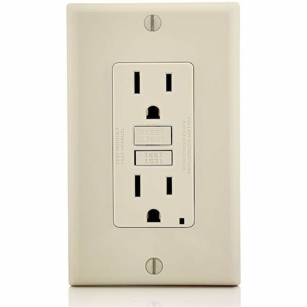 Leviton GFIRcptcl, 15A, 125VAC, Almnd, Polycarb GFNT1-T - main